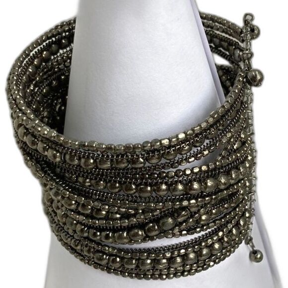 CLEOPATRA Vintage Copper Layered Beaded Braided Blingy Stretch Cuff Bracelet - Picture 5 of 12